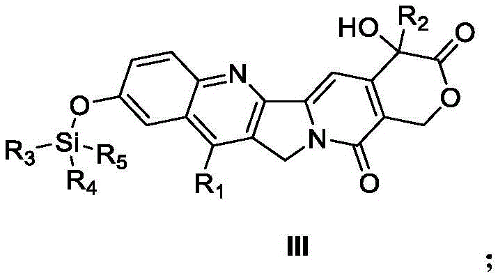 General chemical structure of Formula III camptothecin derivatives showing variable R groups for silyl protection