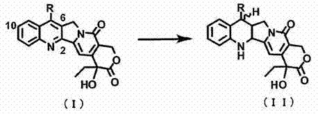 Chemical reaction scheme showing the selective hydrogenation of Camptothecin (I) to 1,2,6,7-Tetrahydrocamptothecin (II) using a Nickel catalyst