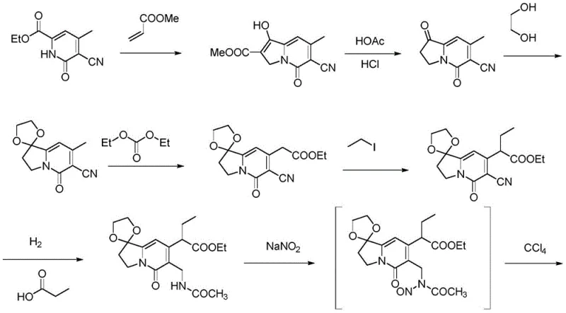Prior art synthesis route for camptothecin intermediates showing complex steps and low yield limitations