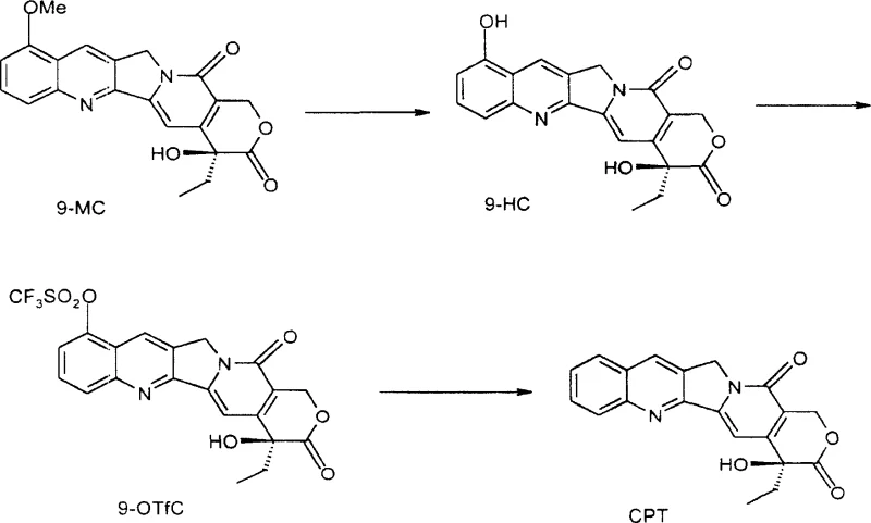 Reaction scheme showing the conversion of 9-Methoxycamptothecin to Camptothecin via 9-HC and 9-OTfC intermediates