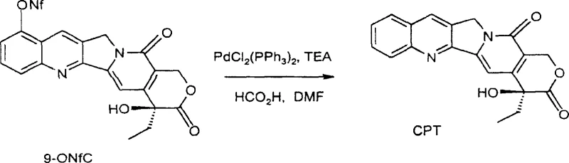 Hydrogenolysis reaction of 9-ONfC to Camptothecin using Palladium catalyst and Formic Acid