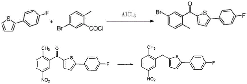 Prior art synthetic route showing complex thiophene precursor synthesis