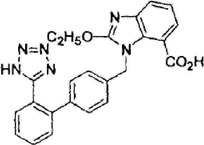 Chemical structure of Candesartan (TCV-116) showing the benzimidazole and tetrazole moieties