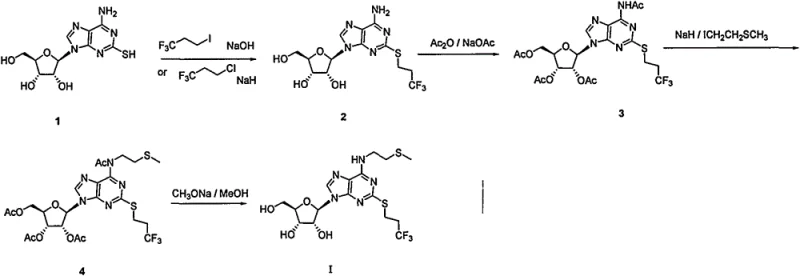 Prior art synthesis route showing toxic reagents and low yield steps