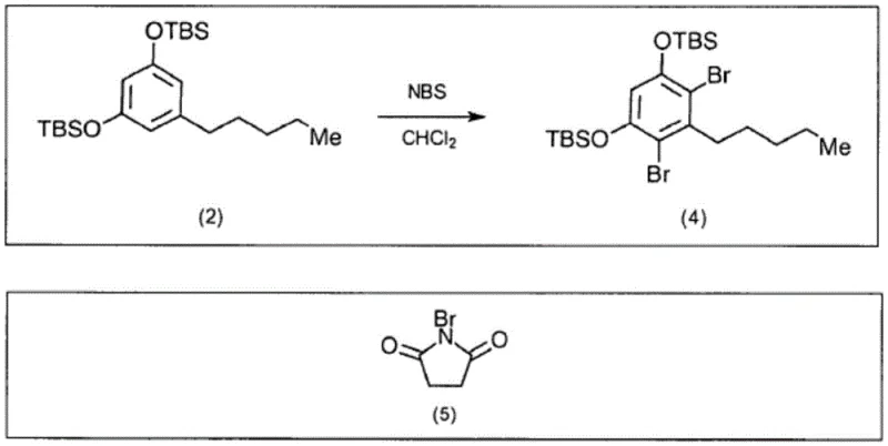 Bromination of di-OTBS-olivetol using NBS to form dibrominated intermediate