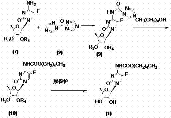 Novel reaction scheme showing triazole activation and direct alcoholysis to form capecitabine precursor