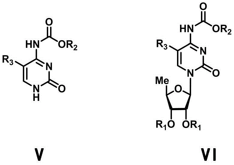 General reaction scheme showing the coupling of Formula V and Formula I to form the nucleoside derivative Formula VI