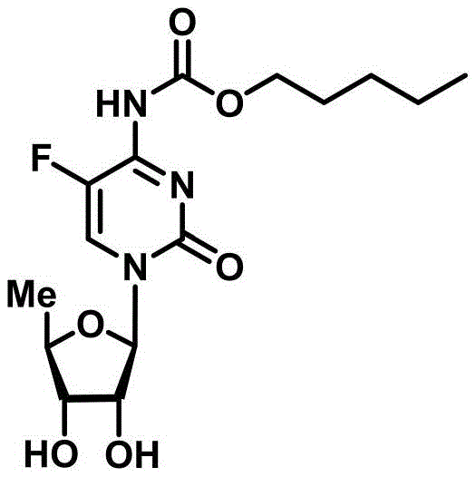 Chemical structure of Capecitabine (5'-deoxy-5-fluoro-N4-pentyloxycarbonylcytidine)