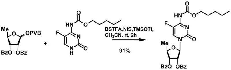 Glycosylation reaction scheme showing coupling of the donor with N4-pentyloxycarbonyl-5-fluorocytosine