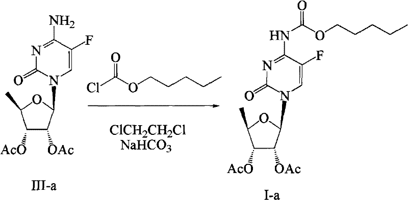 Reaction scheme showing the conversion of Formula III-a to Formula I-a using n-amyl chloroformate and bicarbonate