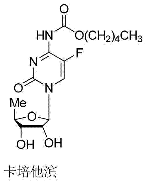 Chemical structure of Capecitabine showing the fluoropyrimidine base linked to a deoxyribose sugar moiety