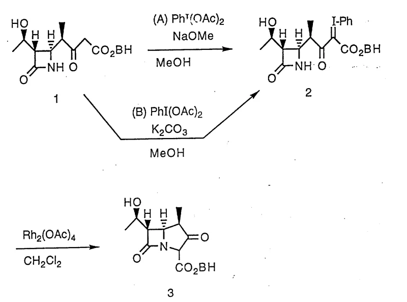 Reaction scheme showing the conversion of beta-lactam precursor to iodo-intermediate and subsequent rhodium-catalyzed cyclization to carbapenam derivative