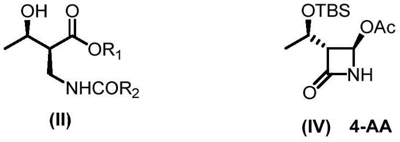 Chemical structures showing the relationship between intermediate (II) and the final carbapenem precursor 4-AA (IV)