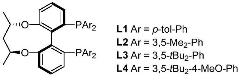 Structures of C3*-Tunephos ligands L1-L4 with varying aryl substituents