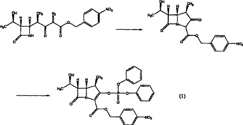 Reaction scheme showing the synthesis pathway leading to the azetidinone compound (1) prior to crystallization