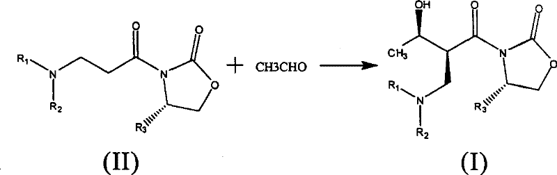 General reaction scheme showing the asymmetric aldol condensation of the imide with acetaldehyde