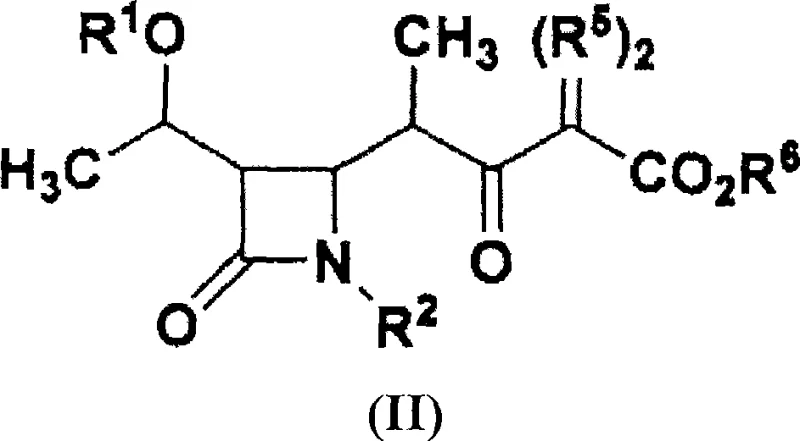 General structure of the 1-methylcarbapenem intermediate (Formula II) showing variable protecting groups