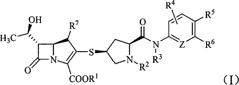General Formula I of six-membered ring methanamide substituted sulfhydryl pyrrolidine carbapenem compounds