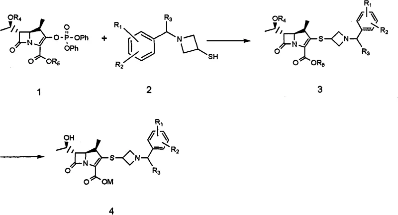 General reaction scheme showing the coupling of phosphonate and azetidine thiol to form carbapenem intermediate salts