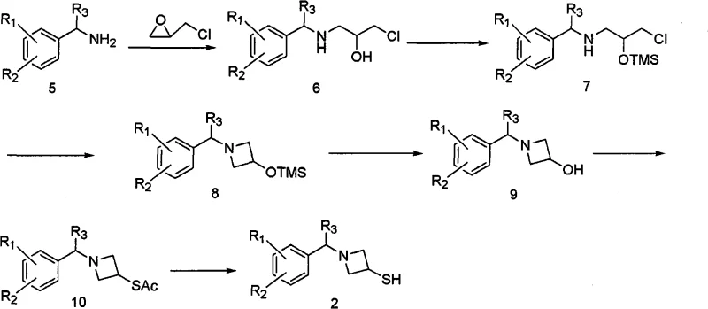 Detailed synthetic pathway for the azetidine thiol side chain intermediate showing multi-step conversion