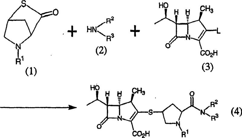 Reaction scheme showing the one-pot synthesis of carbapenem antibacterial agent (4) from compounds (1), (2), and (3)