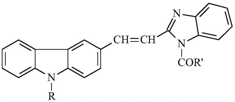 General structural formula of (E) 1-acyl-2-(2-(9-alkyl)carbazole-3-)vinyl-benzimidazole showing variable R and R' groups