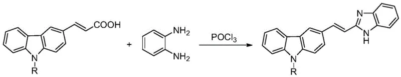 Core cyclization reaction scheme showing N-alkyl-3-carbazole acrylic acid reacting with o-phenylenediamine using POCl3