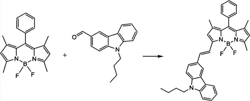 Reaction scheme for Embodiment 1 showing condensation of BODIPY core with N-butyl carbazole aldehyde