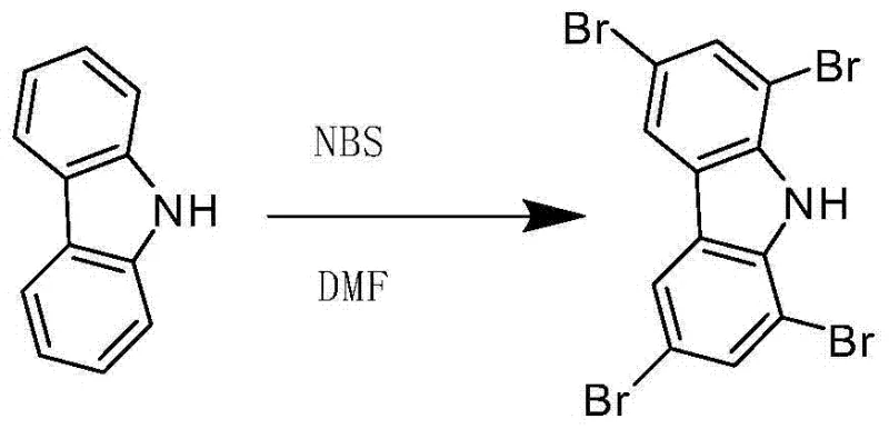 Reaction scheme showing the conversion of carbazole to 1,3,6,8-tetrabromocarbazole using NBS in DMF