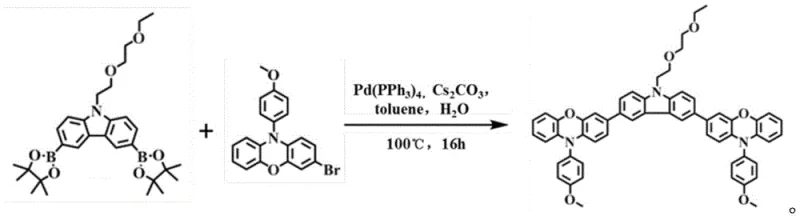 Synthetic route for TM-6 showing Suzuki coupling of carbazole boronate with phenoxazine intermediate