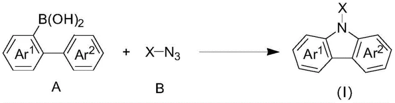 Reaction scheme showing the conversion of biarylboronic acid and azide to carbazole using Rh and Ag catalysts