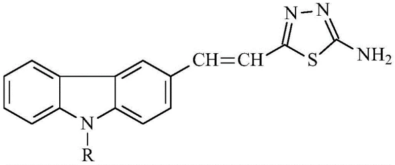General chemical structure of (E)2-(2-(9-alkyl)carbazole-3-)vinyl-5-amino-1,3,4-thiadiazole showing variable R group