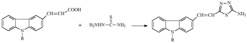 Main reaction scheme showing cyclization of carbazole acrylic acid with thiosemicarbazide to form the thiadiazole derivative