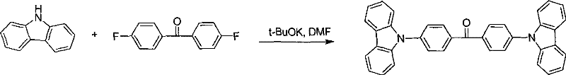 Synthesis reaction scheme showing N-arylation of carbazole with difluorobenzophenone to form bis-carbazolyl ketone intermediate