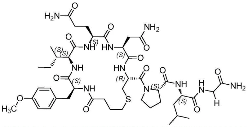 Chemical structure of Carbetocin showing the cyclic nonapeptide backbone with a modified N-terminal