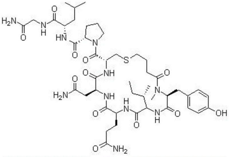 Chemical structure of Carbetocin showing the nonapeptide sequence and the critical thioether bridge formed between cysteine and tyrosine residues