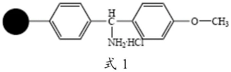 Chemical structure of the novel amino resin (Formula 1) used in carbetocin synthesis, showing the polystyrene backbone and linker system