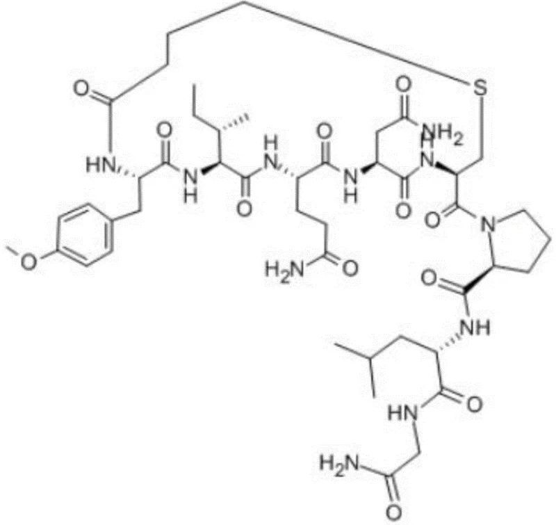 Chemical structure of Carbetocin showing the thioether bridge and amino acid sequence