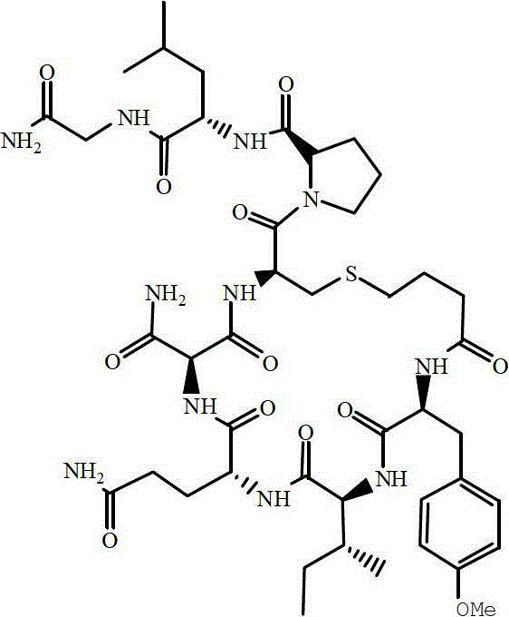 Chemical structure of Carbetocin showing the cyclic nonapeptide backbone and modified tyrosine residue