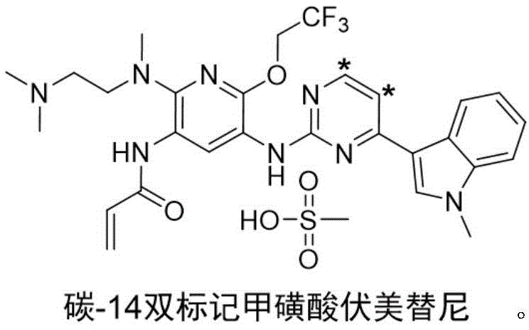 Chemical structure of Carbon-14 double-labeled Furmonertinib Mesylate showing labeling sites on the pyrimidine ring
