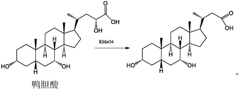 Reaction scheme of the conventional potassium permanganate degradation of duck cholic acid showing low yield
