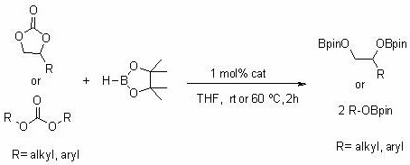 General reaction scheme showing the hydroboration of carbonates to boronate esters using the novel lithium catalyst