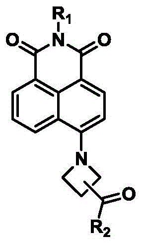 General chemical structure of carbonyl azetidine substituted naphthalimide fluorescent dye showing R1 and R2 substituent positions