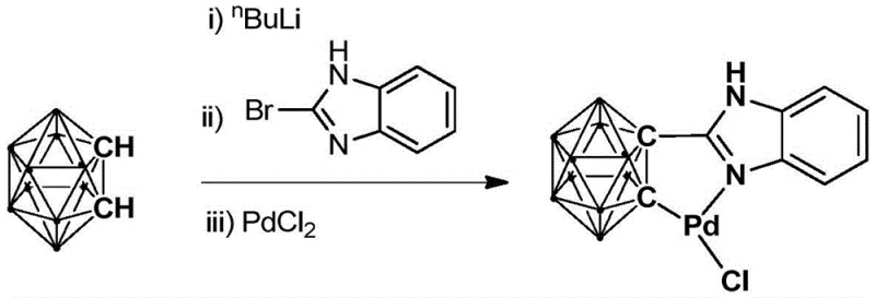 Synthesis reaction scheme of the ortho-carborane benzimidazole palladium complex catalyst