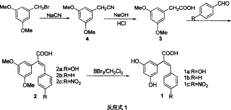 Reaction scheme showing the four-step synthesis from 3,5-dimethoxybenzyl bromide to carboxyl-substituted resveratrol analogs via nitrile formation, hydrolysis, Perkin condensation, and demethylation