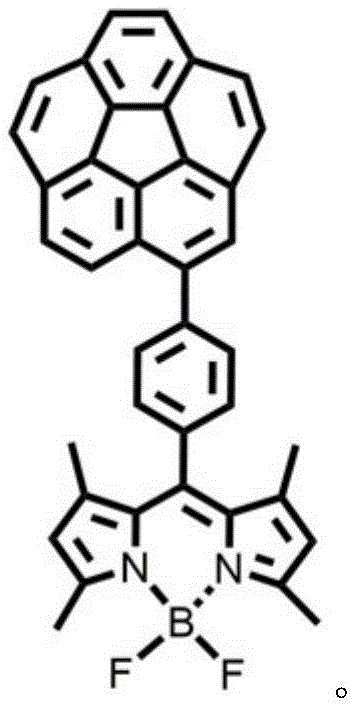 Chemical structure of the Cardiocyclene-BODIPY binary fluorescent material showing the curved fused-ring system attached to the BODIPY core