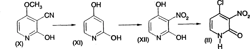 Reaction scheme showing the synthesis of 4-chloro-3-nitro-2(1H)-pyridone from methoxypyridine precursors via hydrolysis and nitration