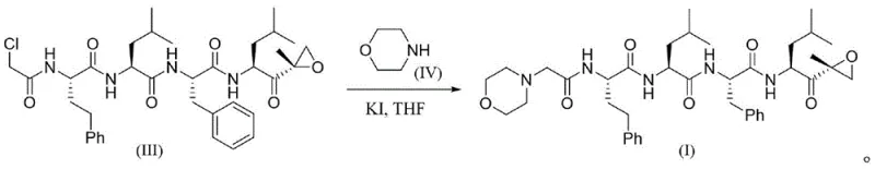Final step reaction showing conversion of chloroacetyl intermediate to Carfilzomib using morpholine and KI catalyst