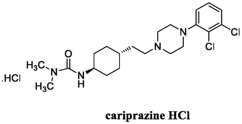 Chemical structure of Cariprazine Hydrochloride showing the trans-cyclohexyl urea core and dichlorophenyl piperazine moiety