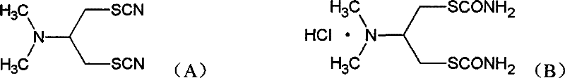 Chemical structures showing the relationship between thiocyanate normal form, cartap normal form, and their respective isomers